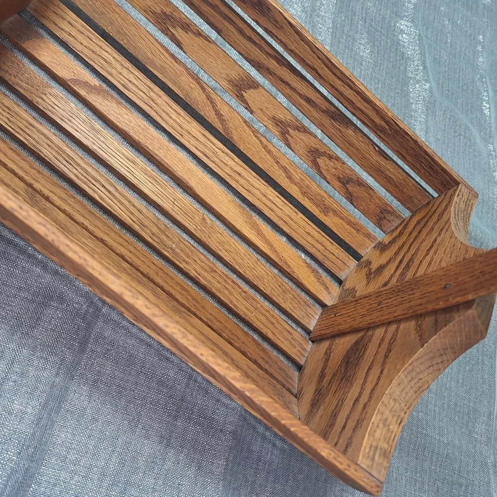 Vintage Oak Wood Slat Basket Tote Trug MCM Bentwood Arch Handle Cross Plains WI